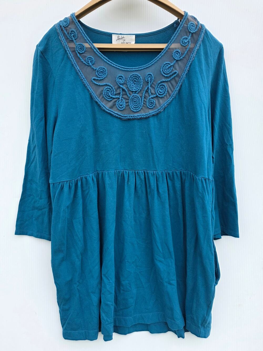 Lifestyle by Legacy Teal Blue Embellished Peplum Top Size Medium Boho Chic